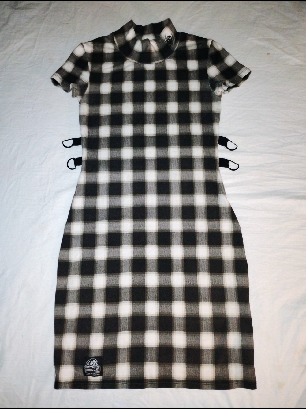 Plaid Black and White Midi Dress with Side Buckle Accents